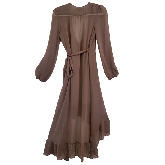 WAYF Dress Women's‎ Size S Brown Sheer Long Sleeve Wrap Ruffle Asymmetrical - Picture 4 of 9